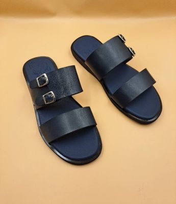 SANDALE HOMME 2 BANDES BLEU EN CUIR | IDEE CADEAU