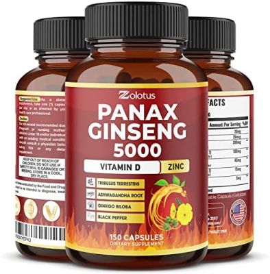 7 en 1 Premium Panax Ginseng + Tribulus Terrestris, 5 mois d'approvisionnement, 5000 mg par capsule avec Ashwagandha, Gingko Biloba, Boost Energy, Endurance, Force puissante, Supplément d'endurance, Soutien de l'humeur| 150 CAPSULES