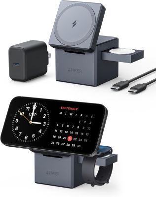 Support de chargeur MagSafe, Anker 3-en-1 Cube avec MagSafe, support de charge rapide 15 W maximum, chargeur sans fil pliable pour iPhone série 15/14/13, Apple Watch S1-8/Ultra, AirPods (chargeur USB-C 30 W inclus)