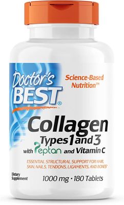 Doctor's Best |Collagène Types 1 et 3 avec Peptan soutient les cheveux, la peau, les ongles 1000 mg, 180 comprimés