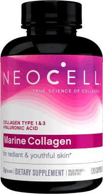 NeoCell Collagène marin, acide hyaluronique, vitamine C, magnésium et zinc, hydrate la peau et aide à prévenir l'épuisement du collagène, sans OGM, sans gluten, compatible paléo, hydrate la peau, types 1 et 3, 120 capsules