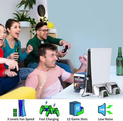 Support SONY PLAYSTATION 5 PS5 avec ventilateur de refroidissement avec chargeur manettes dualsense et rangement CDs de JEU