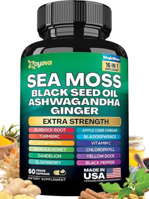 SEA MOSS - Mousse de mer |7000 mg Huile de graines noires 4000 mg Ashwagandha 2000 mg Curcuma 2 000 mg Fucus 2 000 mg Bardane 2000 mg & Gingembre Vitamine C Vitamine D3|60 Capsules
