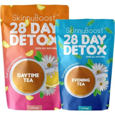 SkinnyBoost 28 Day Detox Kit THÉ -1 DÉTOX THÉ JOUR (28 sachets) 1 Detox THÉ SOIR (14 sachets), Réduit les ballonnements, Désintoxication et nettoyage entièrement naturels