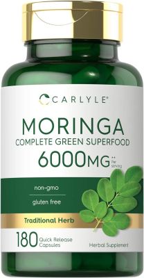 Moringa Oleifera 180 capsules - 100% poudre de feuilles pures - Max 6000 mg par portion - Supplément complet de superaliments verts - Approvisionnement complet de 3 mois - SANS OGM - SANS GLUTEN