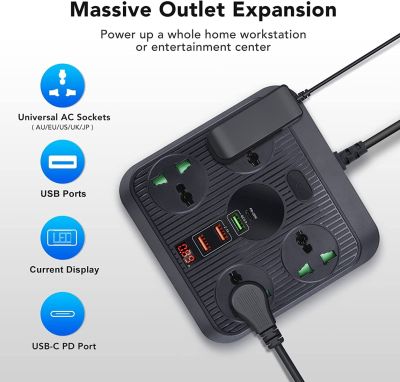 MULTIPRISE UNIVERSELLE 8 en 1 AVEC 1 PORT USB-C PORTS USB A 