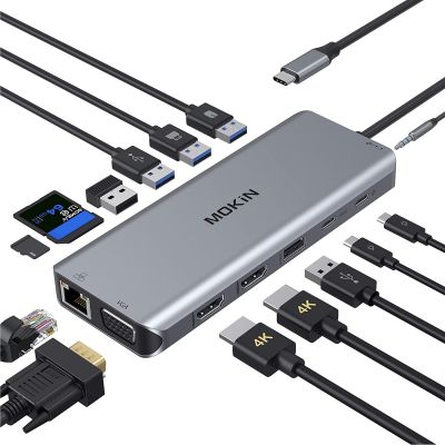 Station d'accueil USB C double moniteur MOKIN, 14 en 1 USB-C pour ordinateur portable Hub USB Type C Adaptateur multiport Dongle avec 2 HDMI VGA 5 USB SD/TF Audio pour ordinateurs portables Dell/Surface/HP/Lenovo