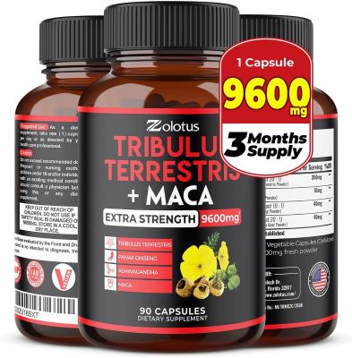 Premium Tribulus Terrestris + Maca, 9600 mg par capsule, 3 mois d'approvisionnement, la plus haute puissance avec Ashwagndha, Panax Ginseng, boost d'énergie, d'humeur, d'endurance et de performance, pour hommes et femmes