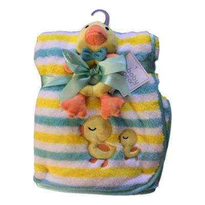 COUVERTURE AVEC DOUDOU JAUNE RAYURE JAUNE BLANC VERT