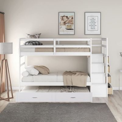 Lit superposé double escalier pour enfants, avec gigogne et 4 tiroirs Stoarge, cadre de lit en bois massif pour dortoir, blanc naturel
