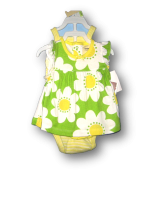 HABILLEMENT ENFANT - Robe vert/ blanc 3 pièces 100% coton (3M/9M/12M) #2317