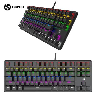 Clavier de jeu mécanique HP GK200 avec panneau en métal, clavier de jeu rétroéclairé RVB anti-fantôme compact avec interrupteur bleu