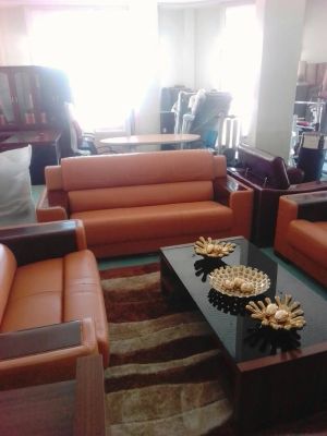 MOBILIER DE MAISON - SALON EN CUIR COULEUR CARAMEL 7 PLACES
