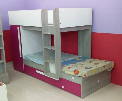 MOBILIER DE MAISON - CHAMBRE ENFANT- LIT SUPERPOSE | TRICOLORE, (BLANC, ROUGE, GRIS)