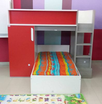 MOBILIER DE MAISON - CHAMBRE ENFANT- LIT SUPERPOSE | TRICOLORE ( ROUGE, BLANC, GRIS)