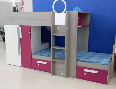 MOBILIER DE MAISON - CHAMBRE ENFANT- LIT SUPERPOSE | TRICOLORE ( GRIS, BLANC, ROUGE)