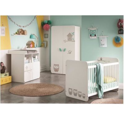 MOBILIER DE MAISON - CHAMBRE ENFANT- CHAMBRE A COUCHER BEBE LIT BEBE 60 x 120 cm, ARMOIRE 2 PORTES, COMMODE TABLE A LANGER,ETAGERE REF 19595