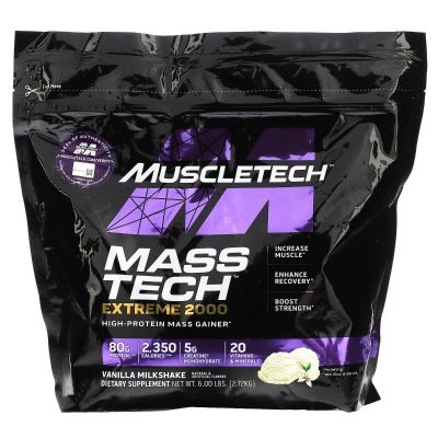 MuscleTech Mass-Tech Extreme 2000, Muscle Builder Whey Protein Powder, Protéines + Créatine + Glucides, Max-Proteine Weight Gainer pour femmes et hommes, Vanille