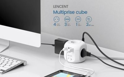 MULTIPRISE CUBE AVEC INTERRUPTEUR LENCENT| 4 PRISES DE COURANT - 3 PORTS USB - 1TYPE C - 2 métre CABLE TRESSE